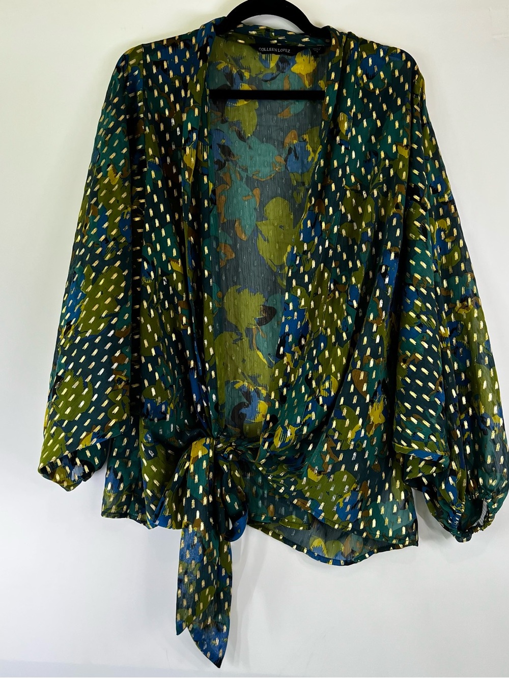 Colleen Lopez Green Gold Dot Blouse Small Balloon Sleeves Forest Fairy Boho Arts